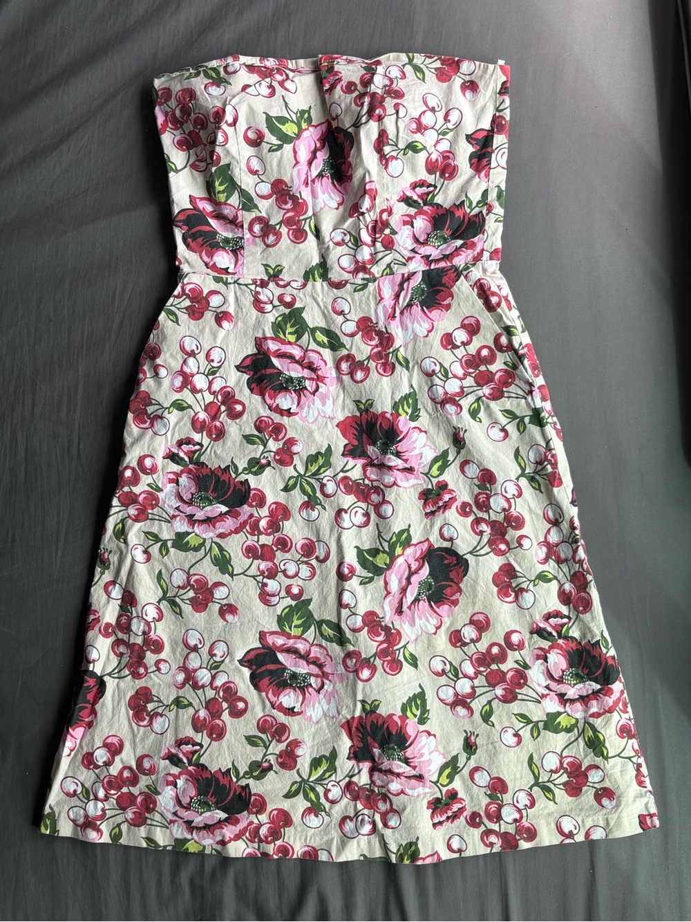 Vintage Zinc Cherry & Floral Strapless Midi Dress Pockets Y2K Rockabilly Size 9